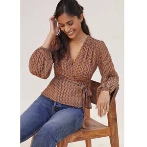 New Anthropologie PORRIDGE Puff Long Sleeve Wrap Blouse $98 SMALL Brown Floral